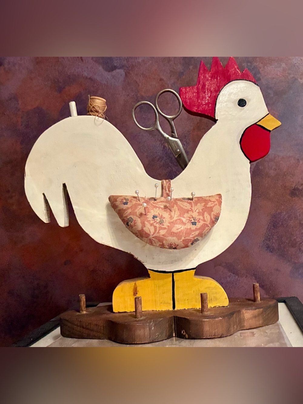 Vintage Wooden Sewing Caddy Folk Art Rooster